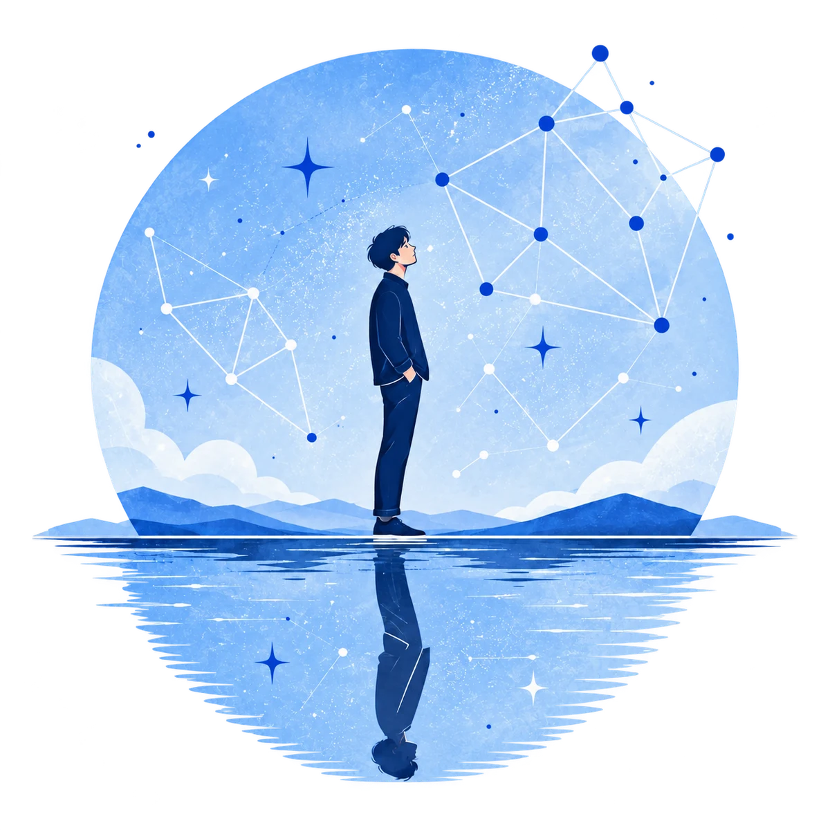 Иллюстрация самопознания: человек и его отражение
